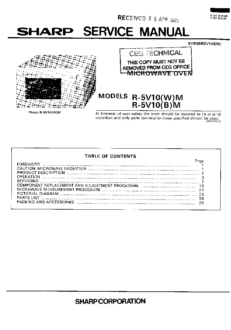 SHARP R5V10 SM service manual (1st page)