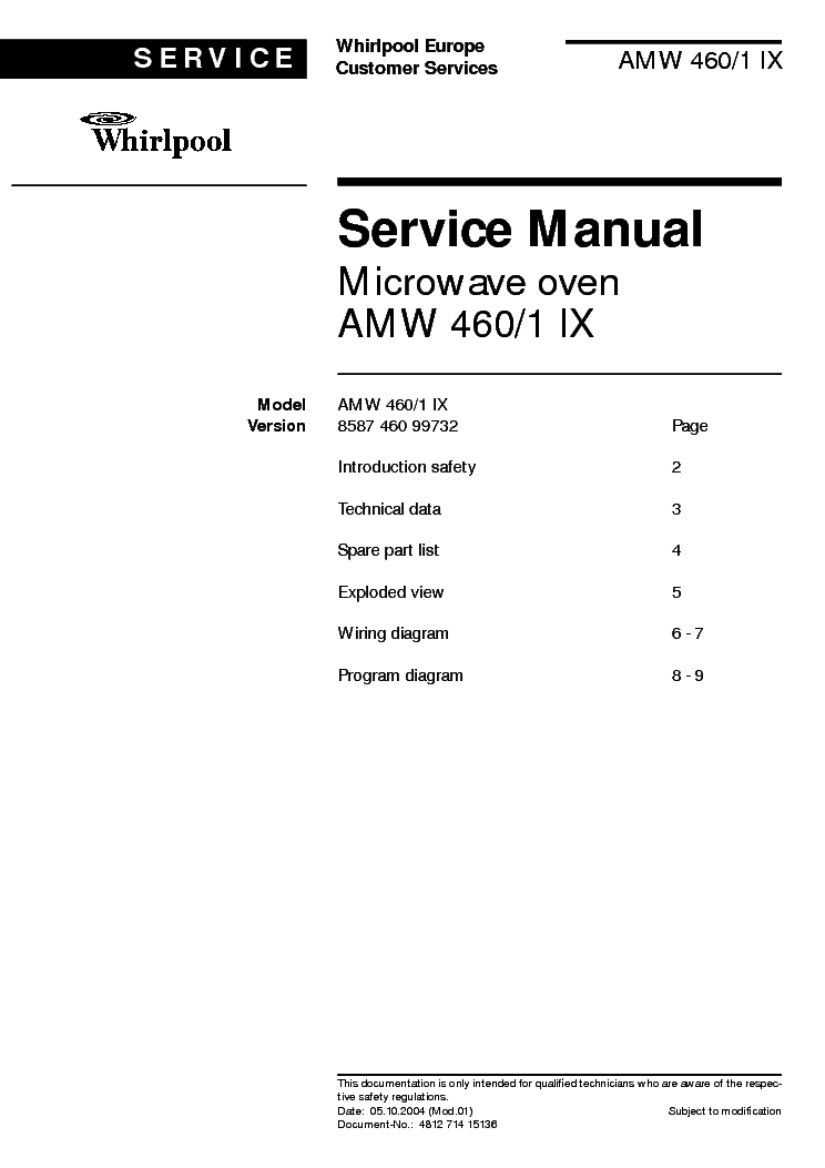 WHIRLPOOL AMW 460 1 IX service manual