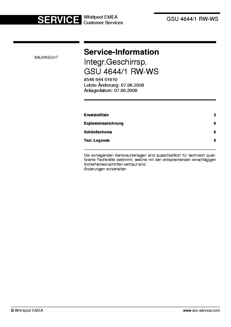 WHIRLPOOL GSU4644-1RW-WS service manual (1st page)