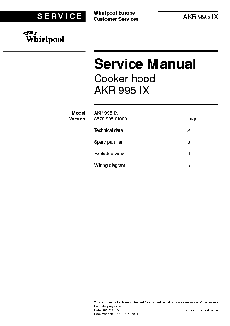 WHIRLPOOL AKR995IX service manual