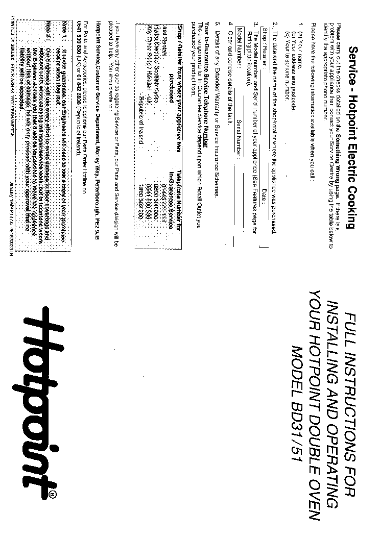 INDESIT HOTPOINT HBBD31 service manual (1st page)