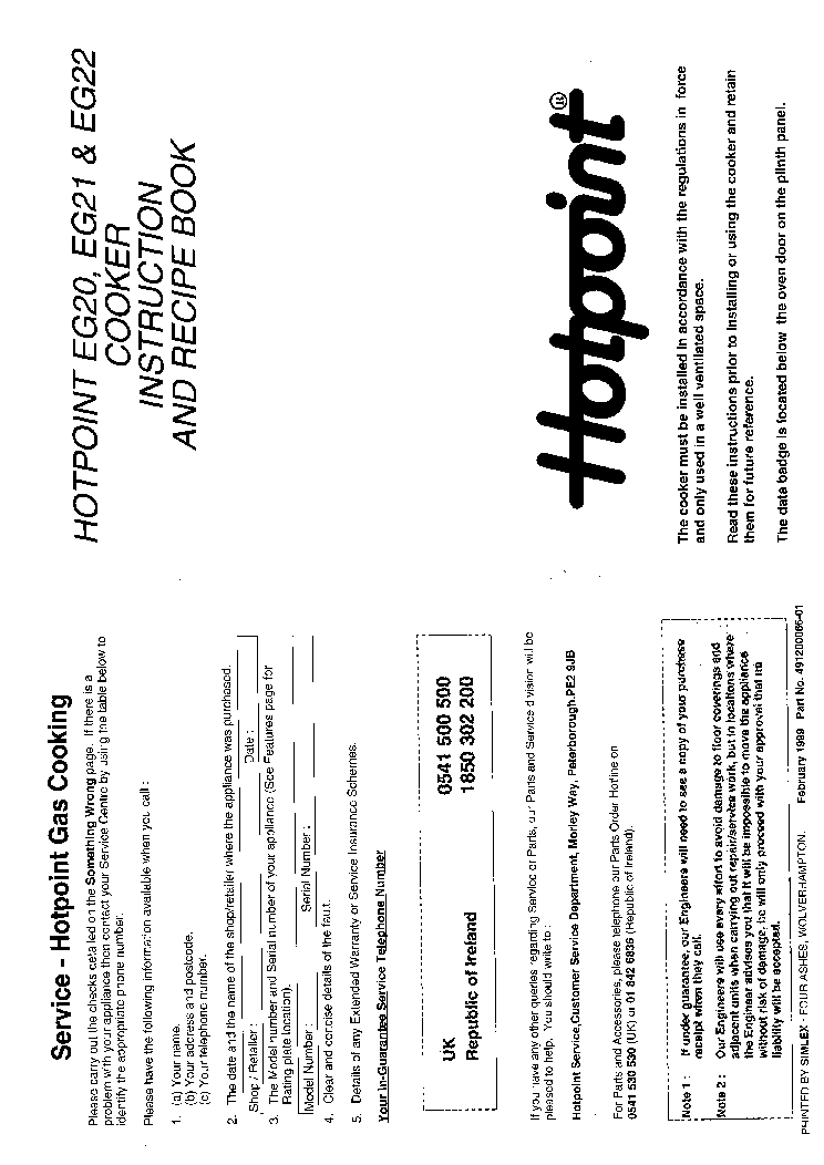 INDESIT HOTPOINT HBEG22 service manual