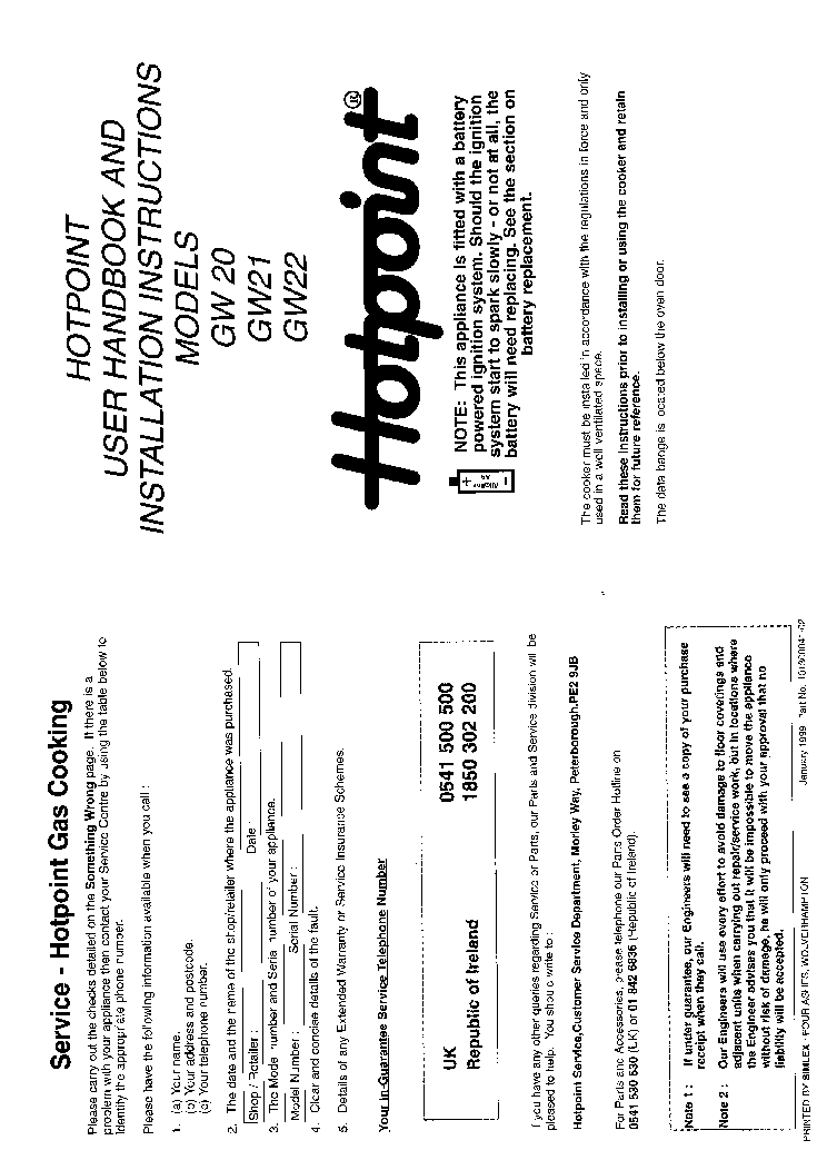 INDESIT HOTPOINT HBGW22C service manual (1st page)