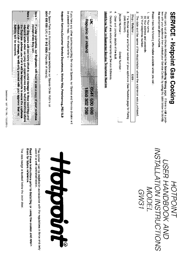 INDESIT HOTPOINT HBGW31C service manual (1st page)
