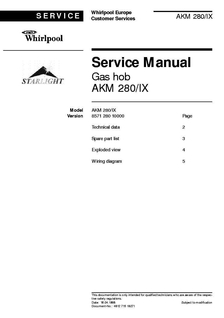 WHIRLPOOL AKM280IX service manual (1st page)