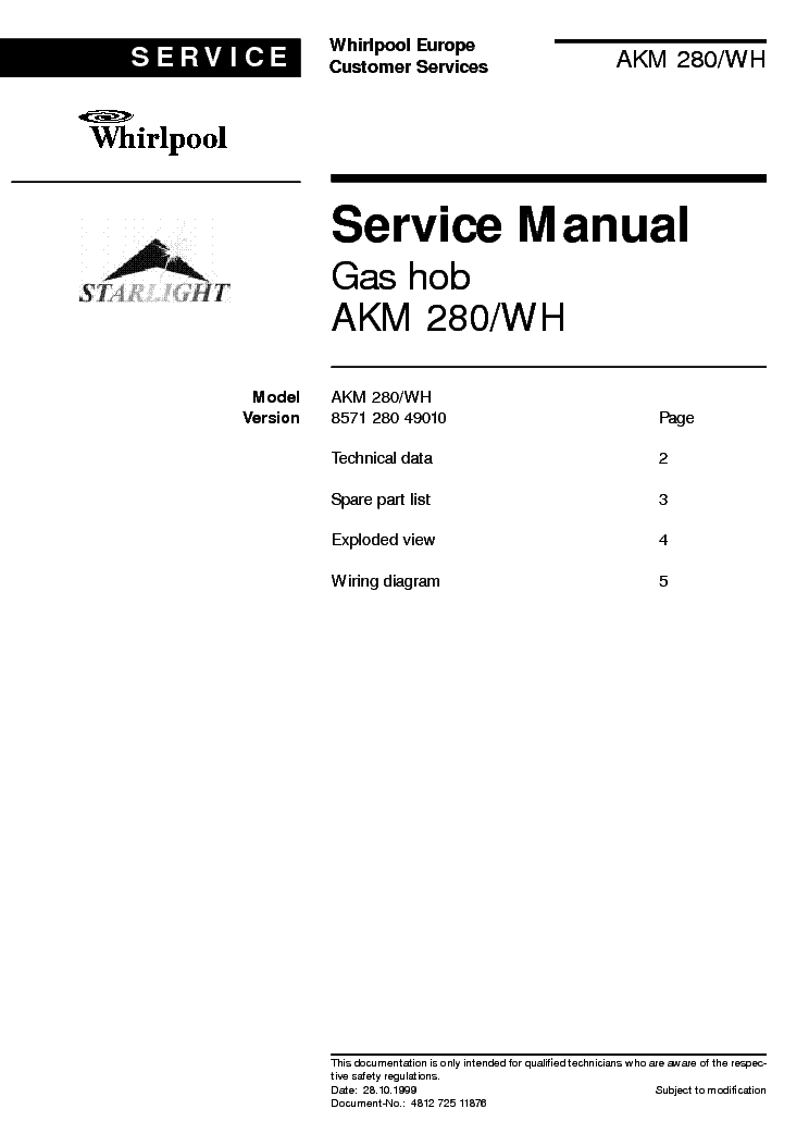 WHIRLPOOL AKM280WH service manual (1st page)
