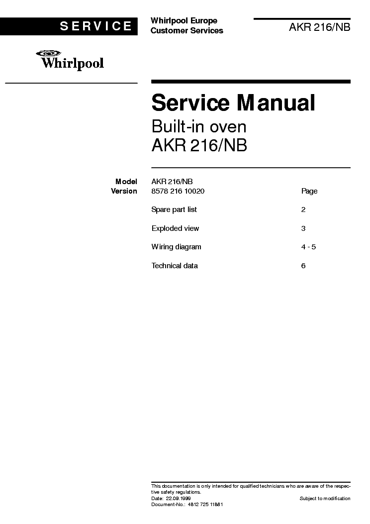 WHIRLPOOL AKR216NB service manual