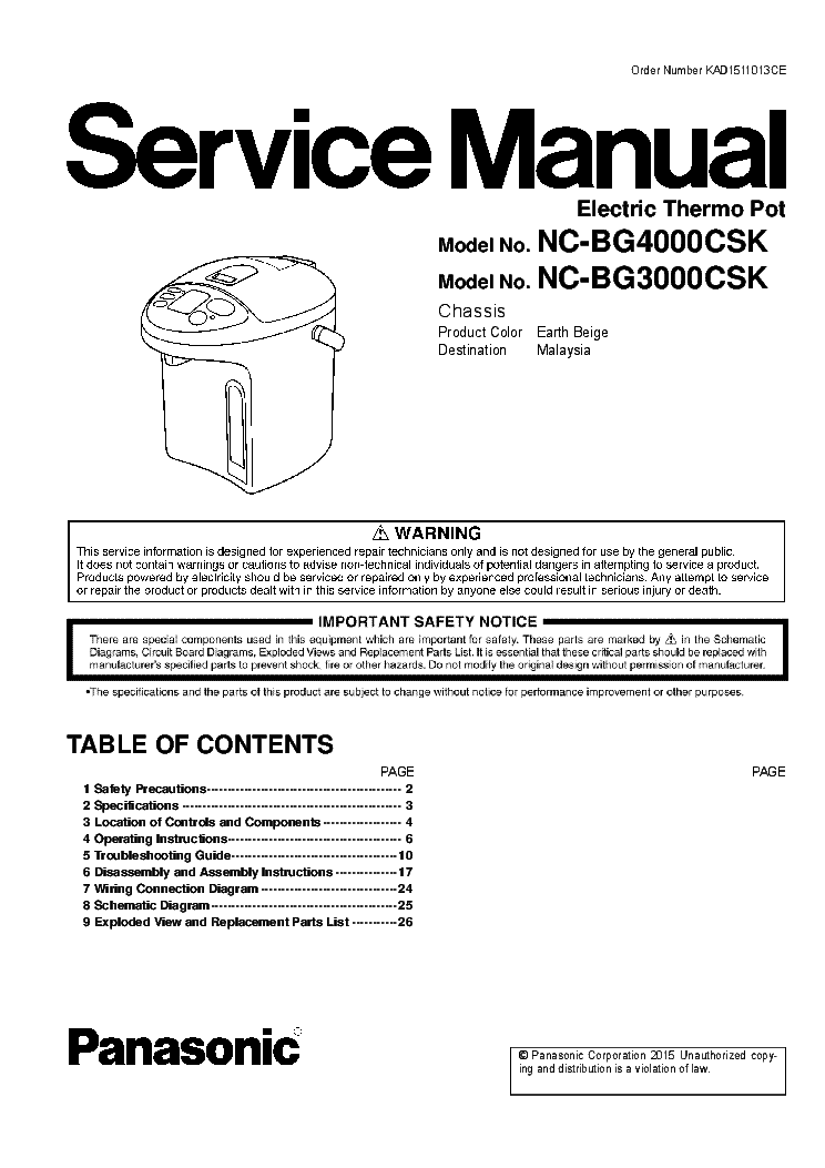 PANASONIC NC-BG4000CSK NC-BG3000CSK ELECTRIC THERMO POT service manual