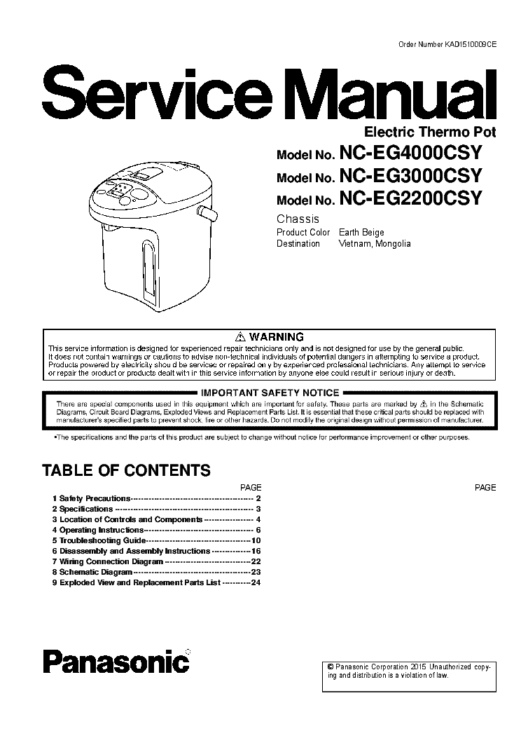 PANASONIC NC-EG4000CSY NC-EG3000CSY NC-EG2200CSY ELECTRIC THERMO POT service manual