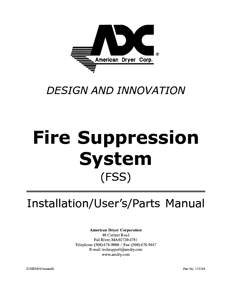 ADC FIRE SUPRESSION SYSTEM INSTALLATION USERS PARTS service manual