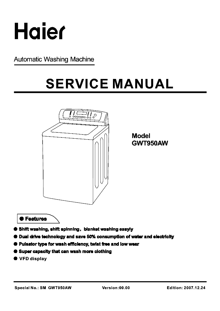 HAIER GWT950AW service manual