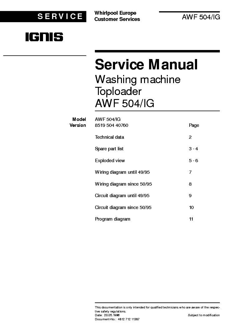 IGNIS AWF504IG Service Manual download, schematics, eeprom, repair info