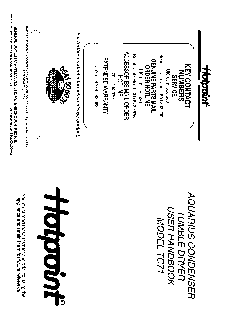 INDESIT HOTPOINT HBTC71 service manual