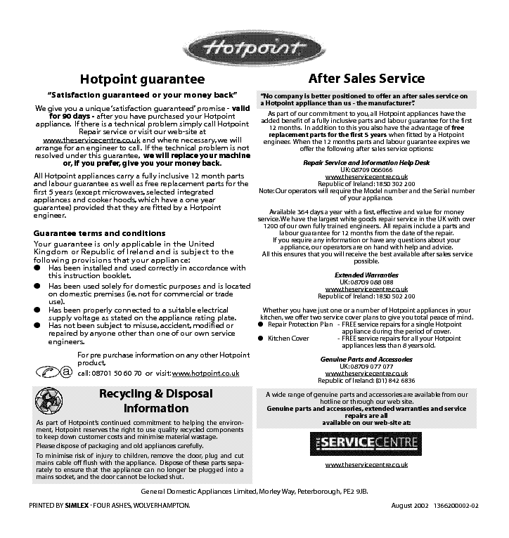 INDESIT HOTPOINT HBWD63 service manual (2nd page)