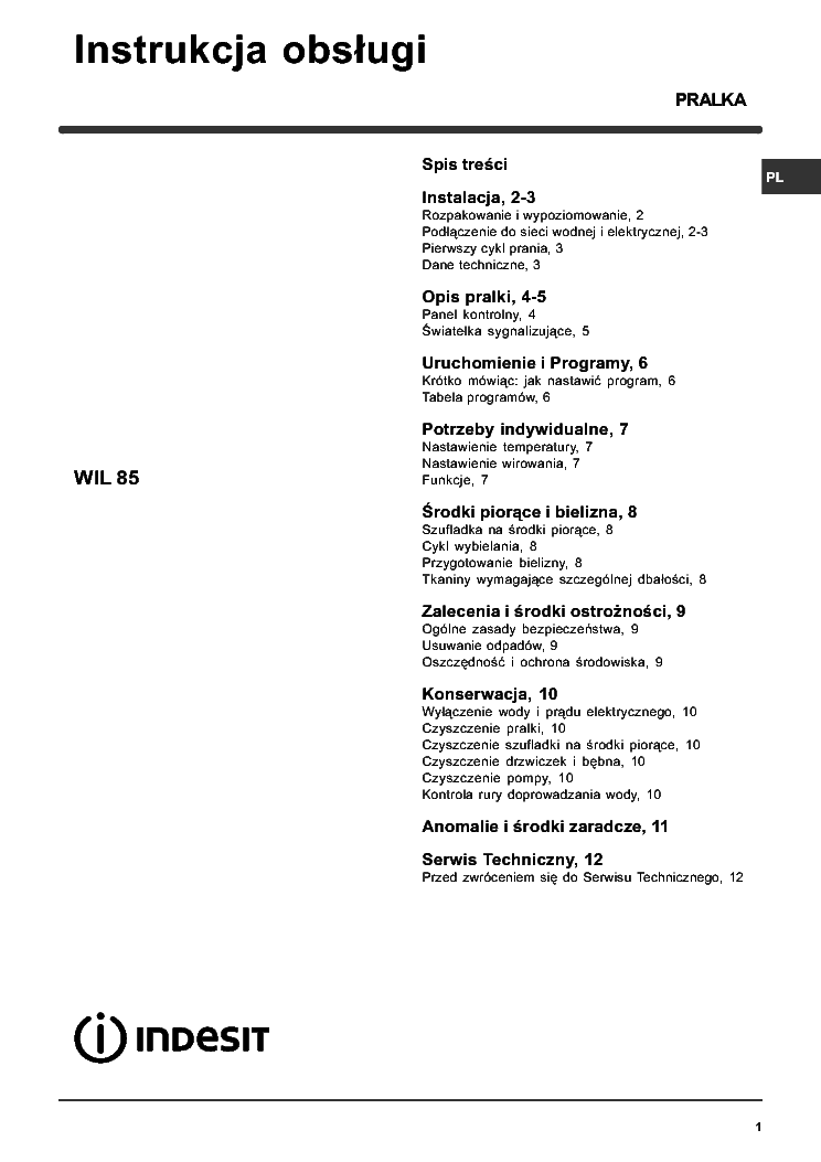 INDESIT WIL 85 service manual (1st page)