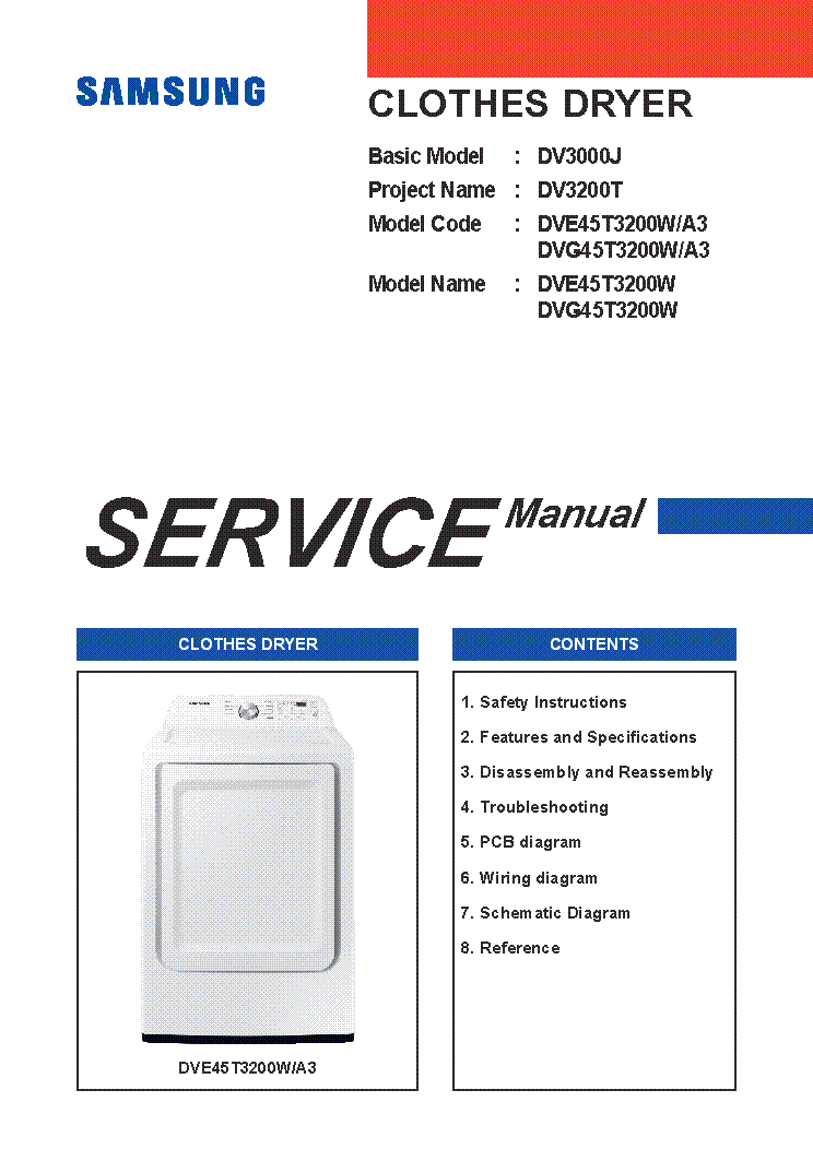 SAMSUNG DVE45T3200W A3 DVG45T3200W DV3000J DV3200T ELECTRIC-DRYER SERVICE MANUAL service manual (1st page)