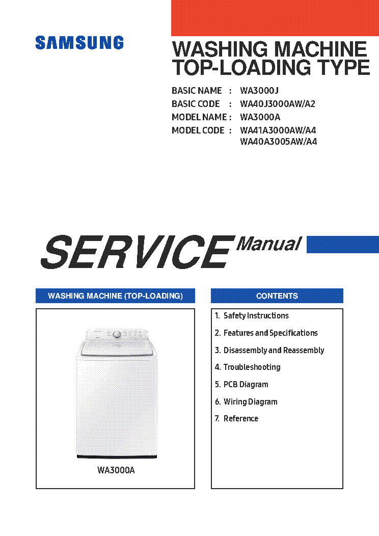 SAMSUNG WA3000A WA3000J WA41A3000AW A4 WA40A3005AW A4 WASHING MACHINE SERVICE MANUAL service manual (1st page)