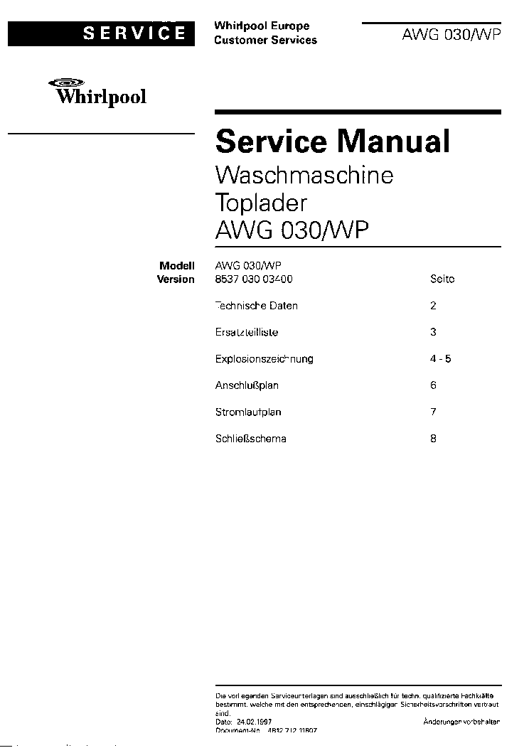 WHIRLPOOL AWG030WP service manual