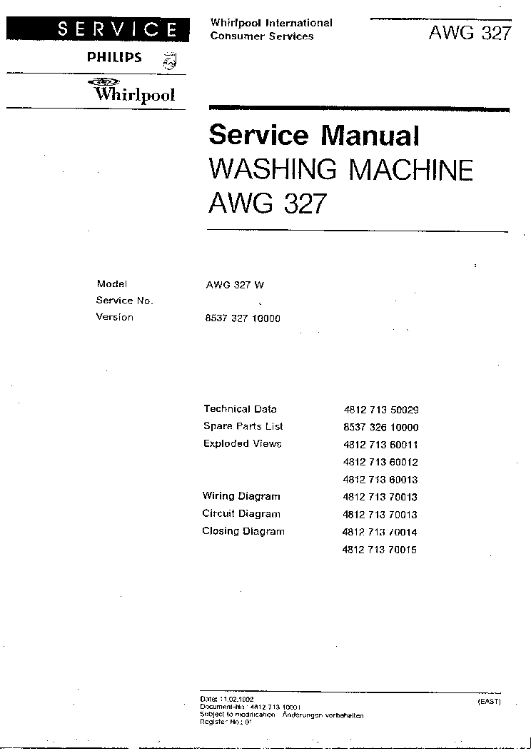 WHIRLPOOL AWG327 service manual (1st page)