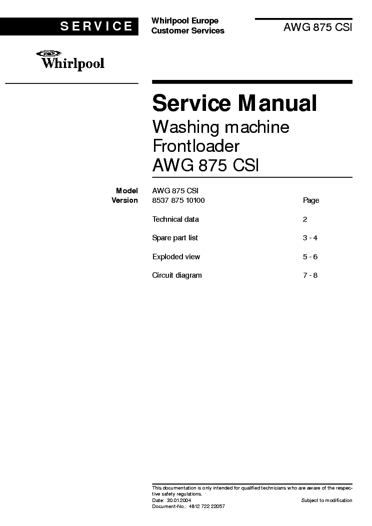 WHIRLPOOL AWG875CSI service manual