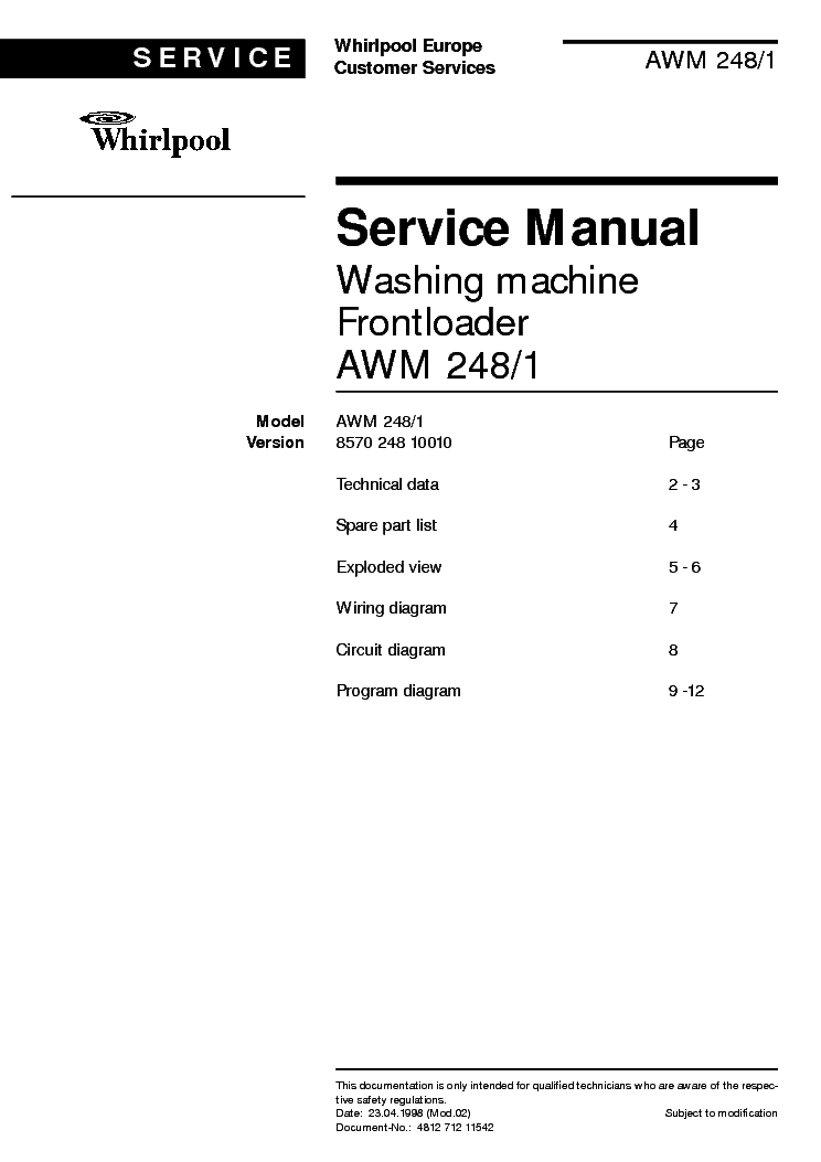 WHIRLPOOL AWM 248 1 service manual (1st page)