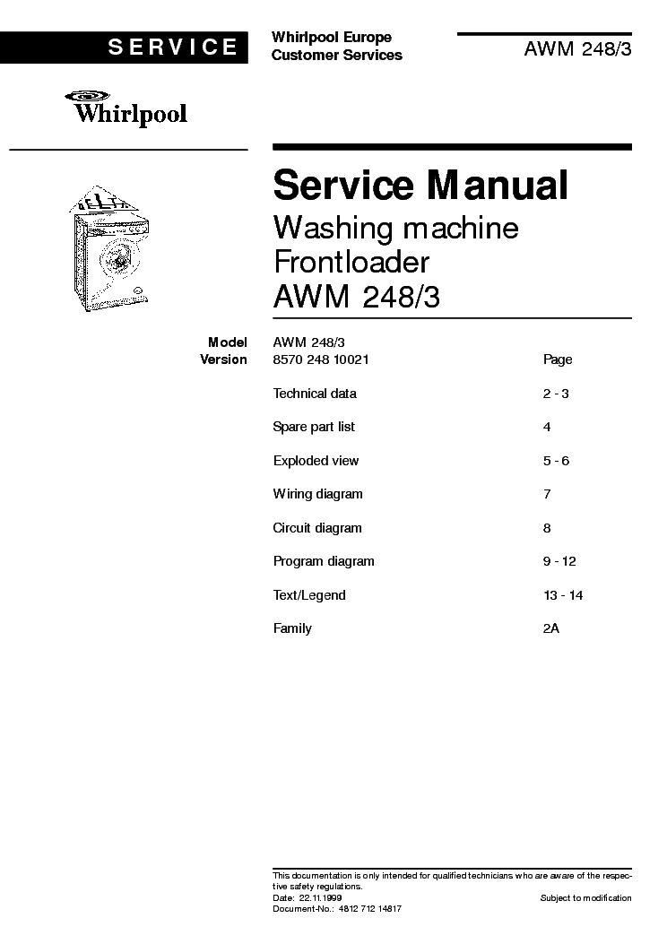 WHIRLPOOL AWM 248 3 service manual (1st page)