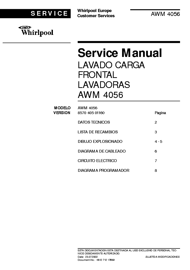WHIRLPOOL AWM 4056 service manual (1st page)