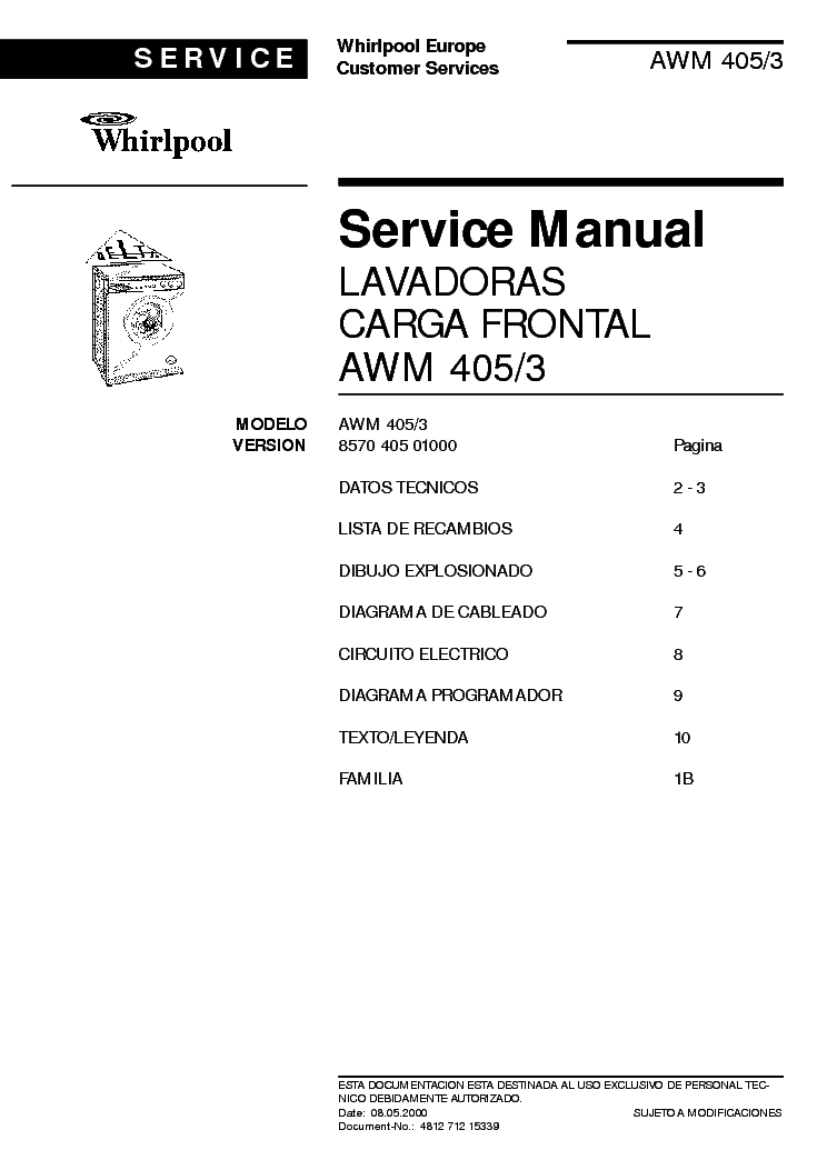 WHIRLPOOL AWM 405 3 service manual (1st page)