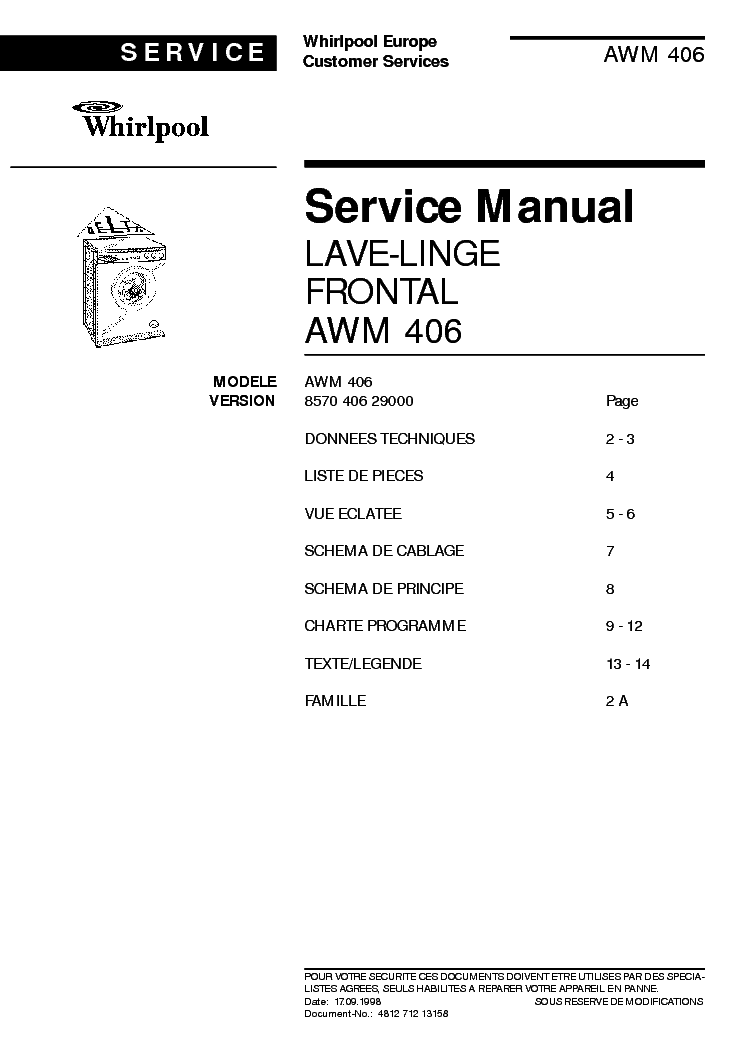 WHIRLPOOL AWM 406 service manual (1st page)