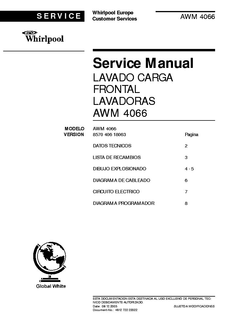 WHIRLPOOL AWM 4066 service manual (1st page)