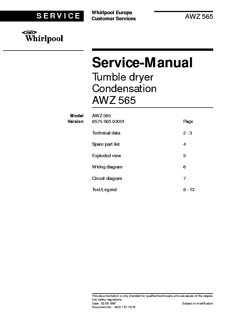 WHIRLPOOL AWZ565 service manual