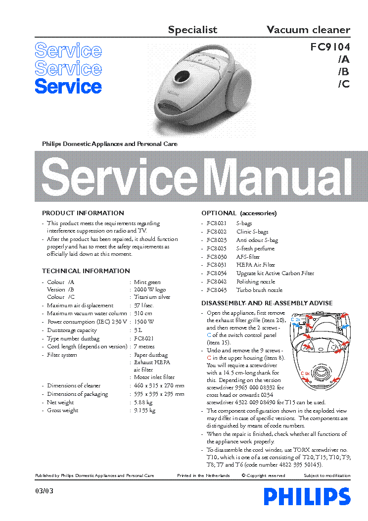 PHILIPS FC-9104 A B C VACUUM service manual (1st page)