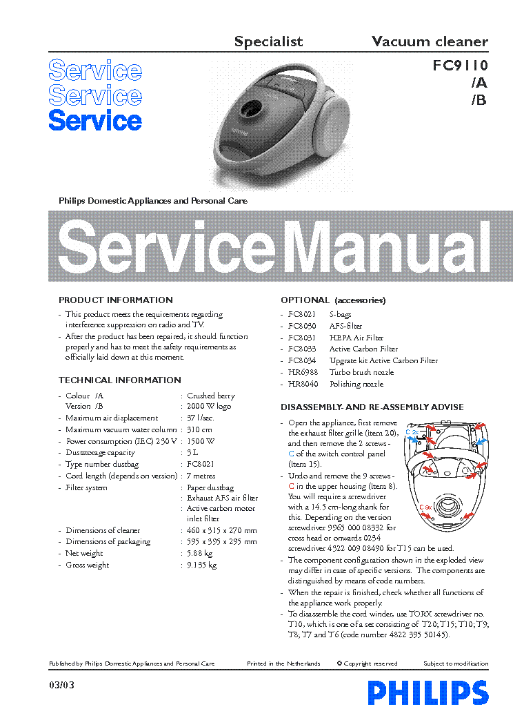PHILIPS FC-9110 A B VACUUM service manual (1st page)