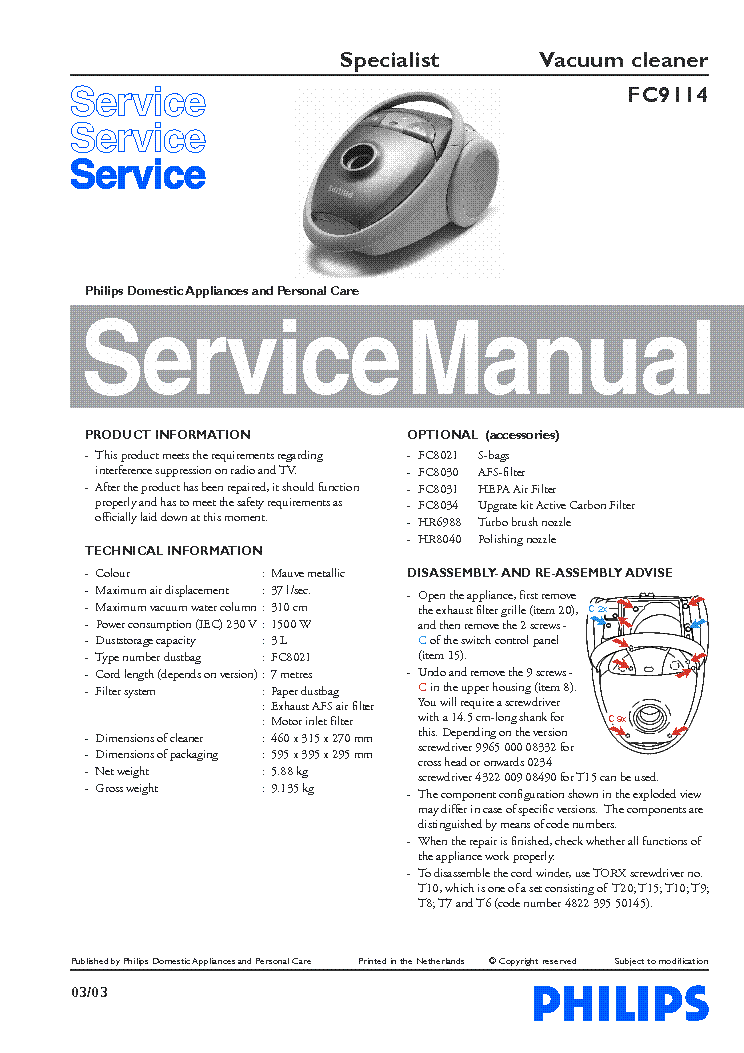 PHILIPS FC-9114 VACUUM service manual (1st page)
