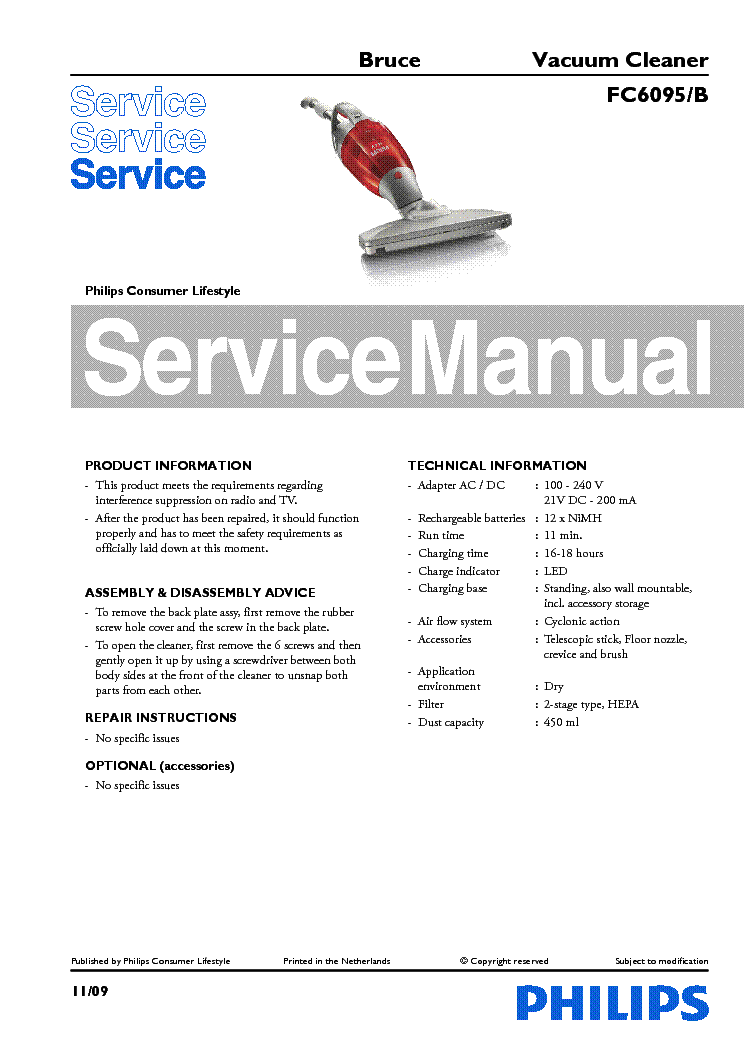 PHILIPS FC6095-B VACUUM CLEANER service manual (1st page)