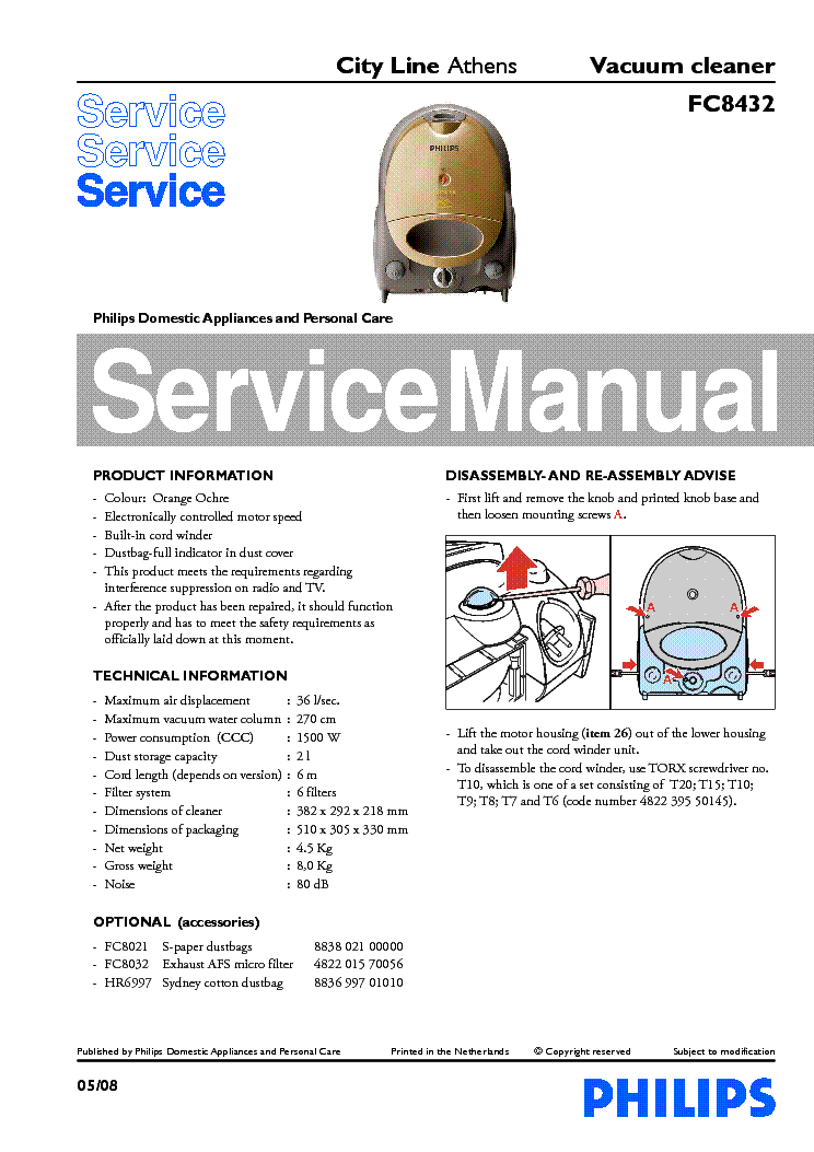 PHILIPS FC8432 VACUUM CLEANER service manual