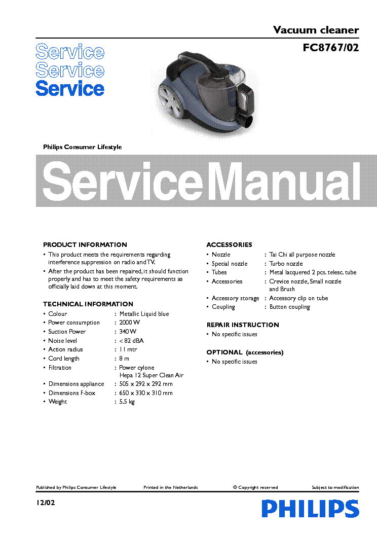 PHILIPS FC8767-02 VACUUM CLEANER service manual (1st page)