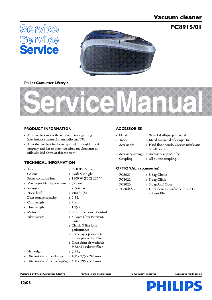 PHILIPS FC8915-01 VACUUM CLEANER service manual (1st page)