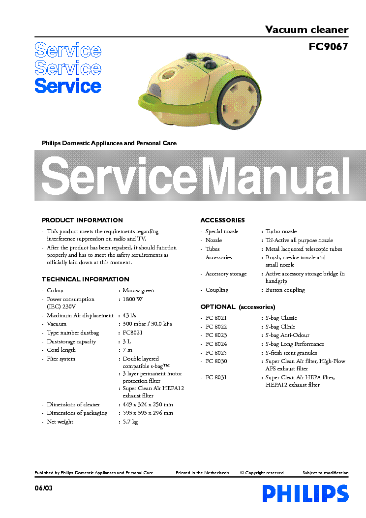PHILIPS FC9067 VACUUM CLEANER service manual (1st page)