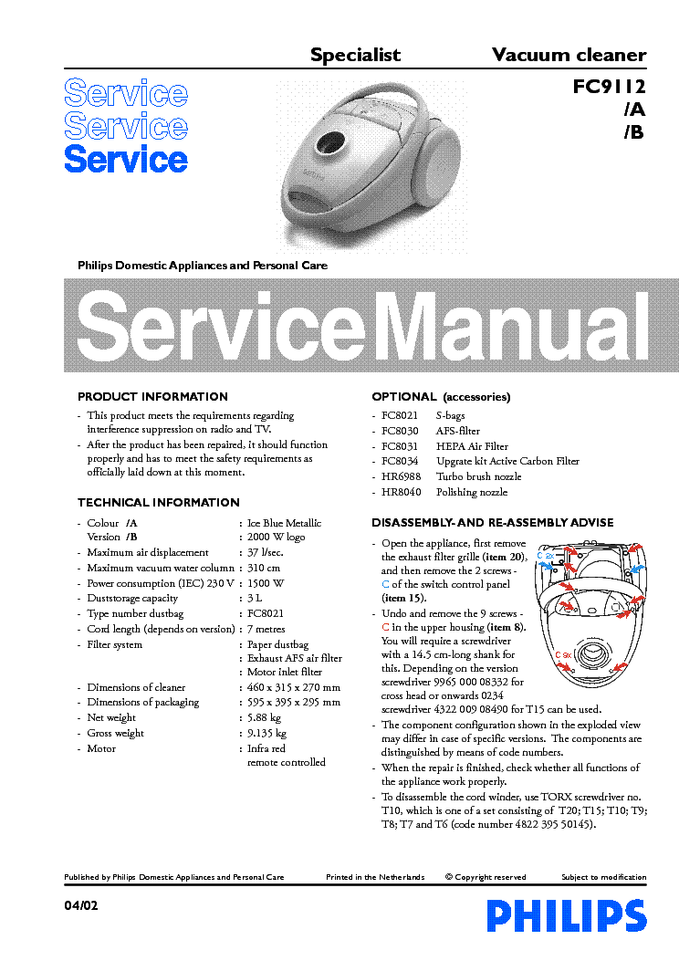 PHILIPS FC9112-A FC9112-B VACUUM CLEANER service manual (1st page)