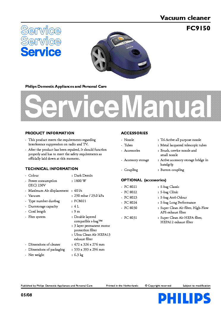 PHILIPS FC9150 VACUUM CLEANER service manual (1st page)