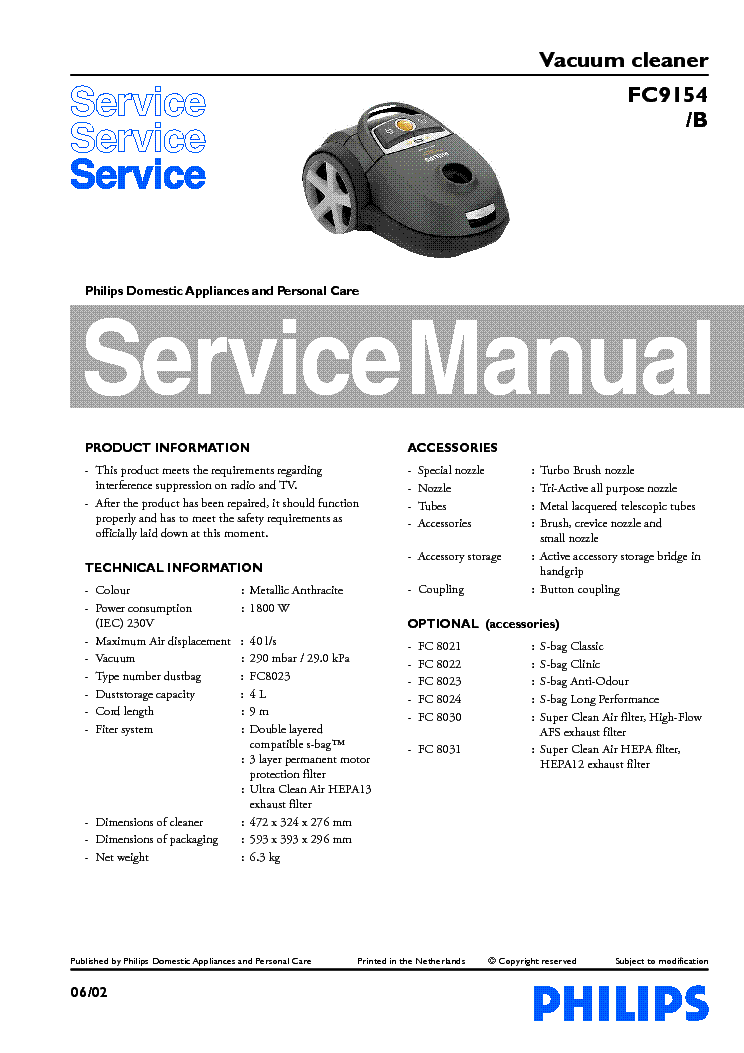 PHILIPS FC9154-B VACUUM CLEANER service manual (1st page)