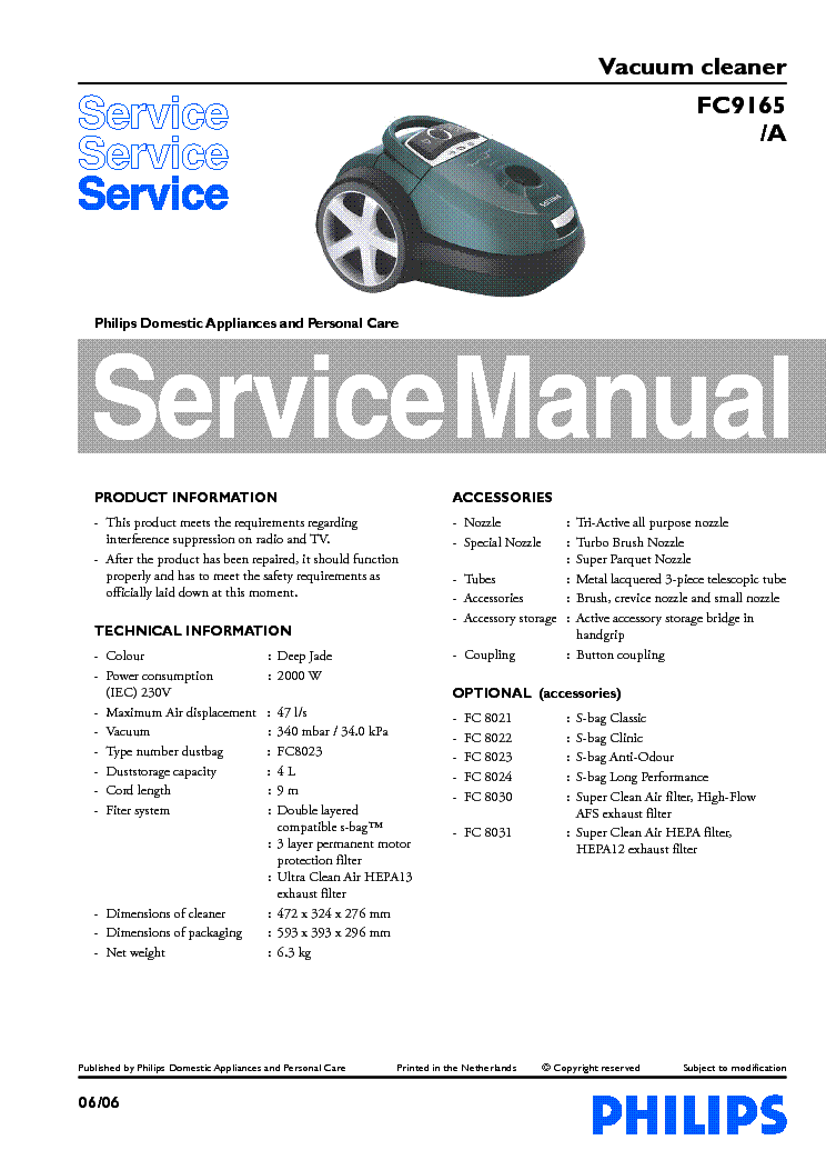PHILIPS FC9165-A VACUUM CLEANER service manual