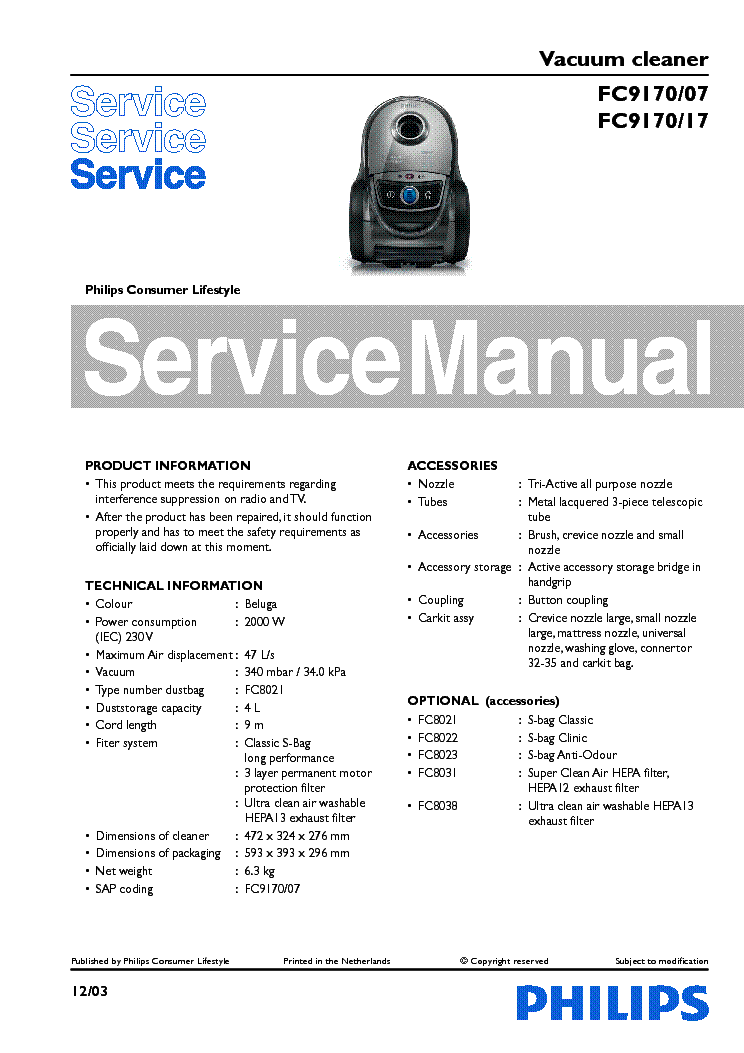 PHILIPS FC9170-07 FC9170-17 VACUUM CLEANER service manual (1st page)