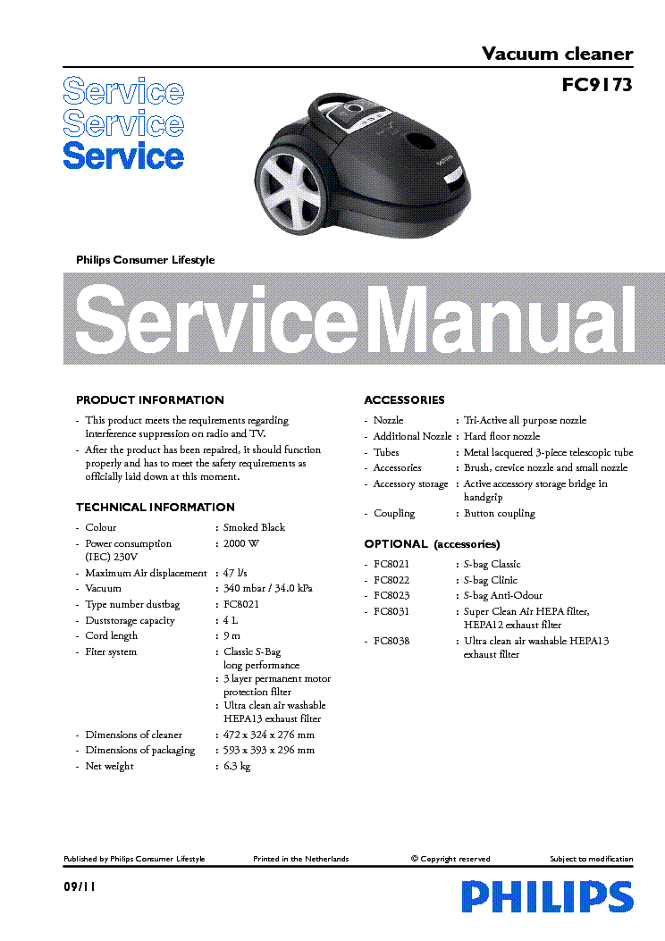 PHILIPS FC9173 VACUUM CLEANER service manual (1st page)