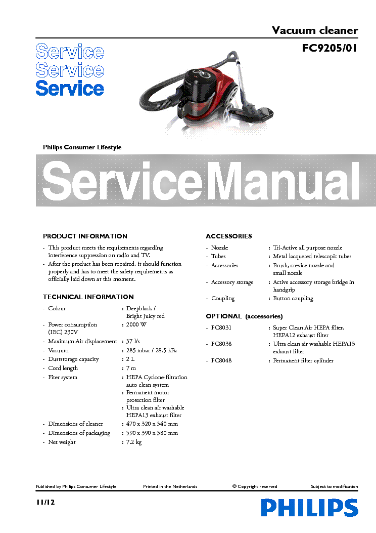 PHILIPS FC9205-01 VACUUM CLEANER service manual (1st page)