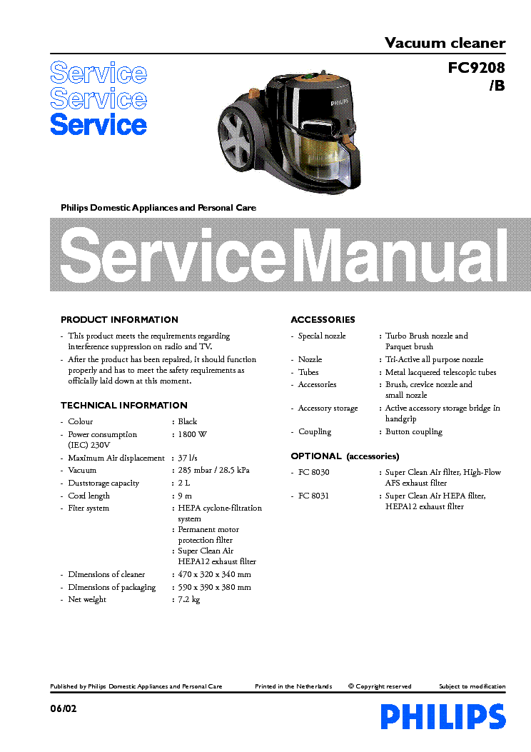 PHILIPS FC9208-B VACUUM CLEANER service manual (1st page)