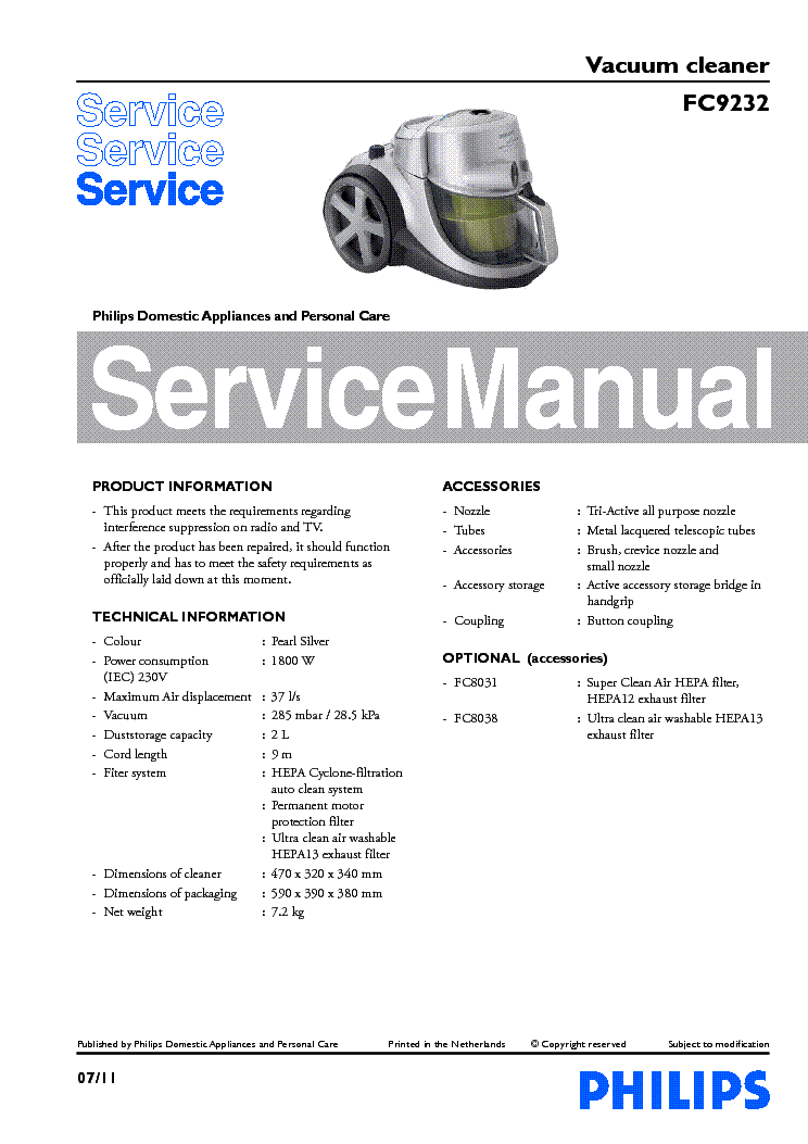 PHILIPS FC9232 VACUUM CLEANER service manual (1st page)
