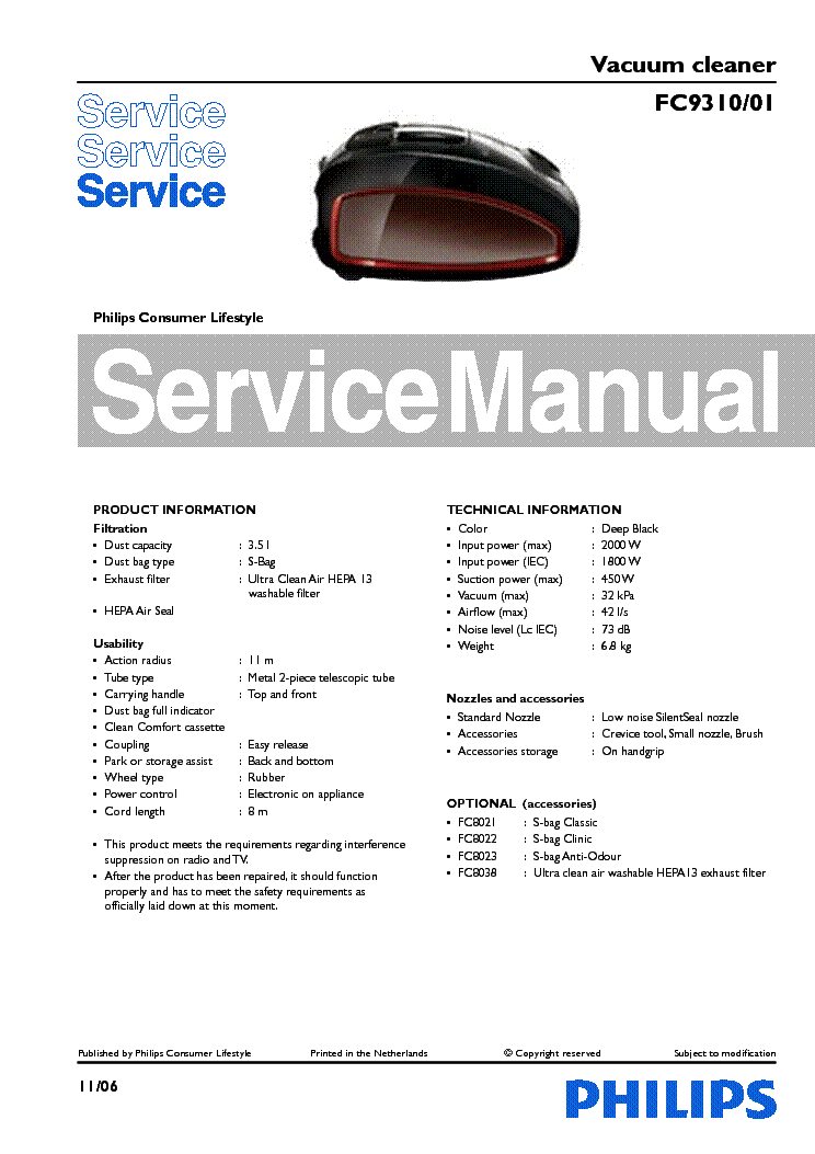 PHILIPS FC9310-01 VACUUM CLEANER service manual (1st page)