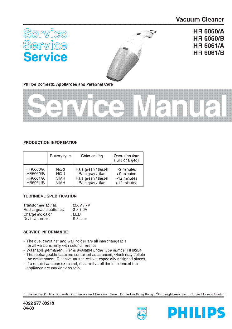 PHILIPS HR-6060-6061-A-B HAND VACUUM CLEANER 2000 SM service manual